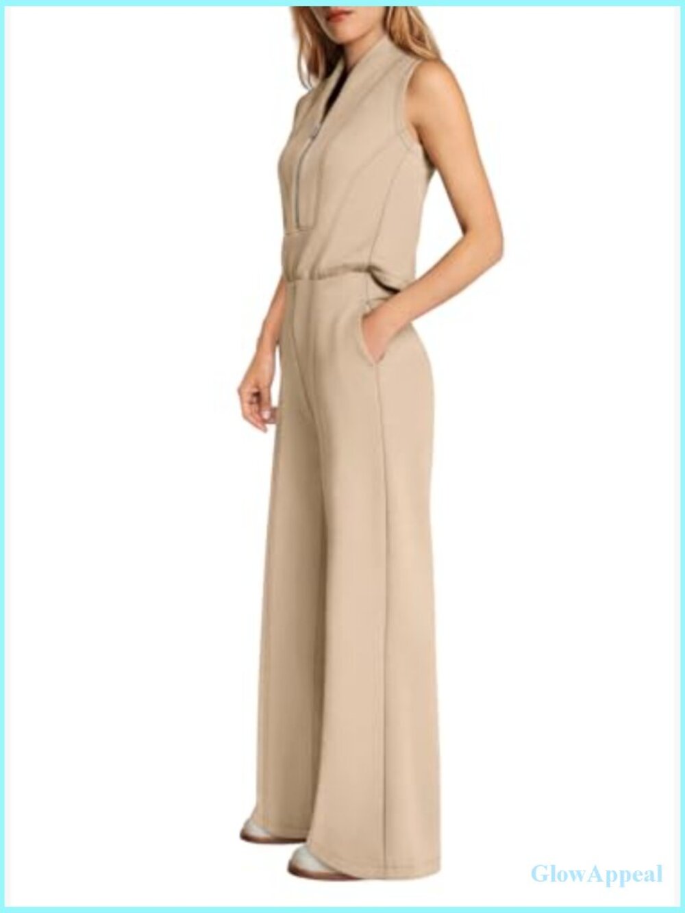 Womens Wide Leg Jumpsuit Sleeveless V Neck Zip Up Casual Travel Outfit Summer - Picture 3 of 5